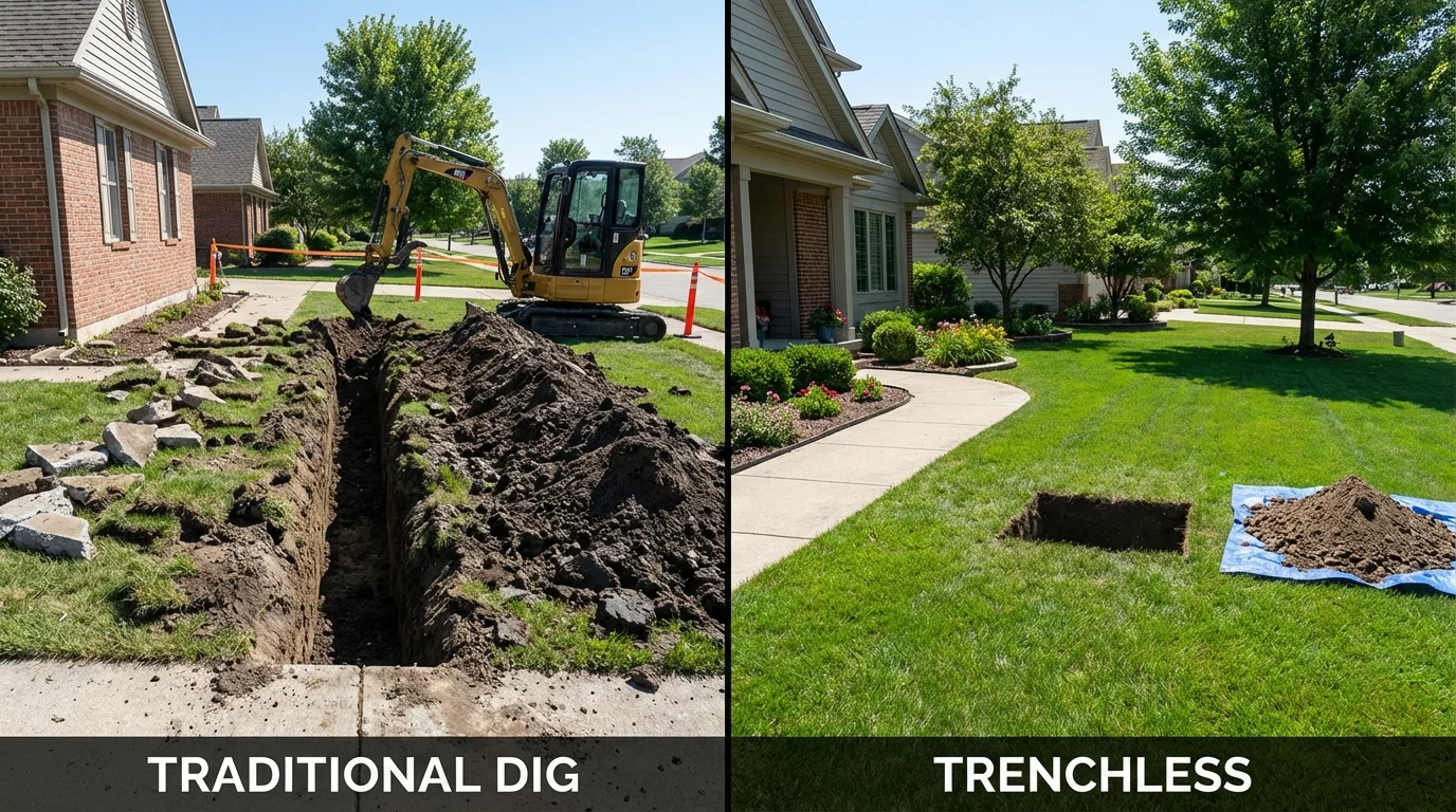 Trenchless sewer repair with minimal yard damage versus traditional excavation in Pittsburg, KS