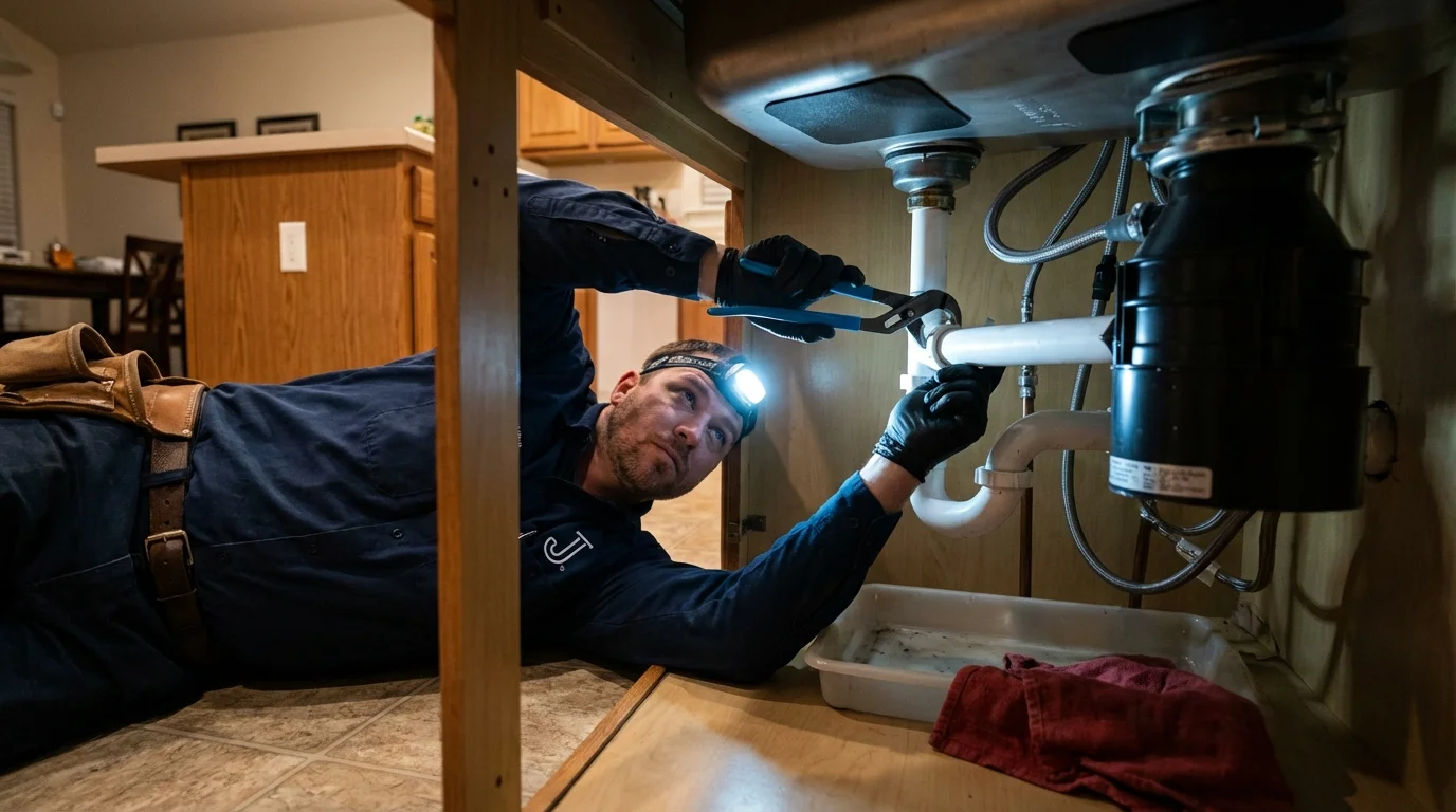 P-trap and supply line connections under a kitchen sink showing a common leak point in Pittsburg, KS